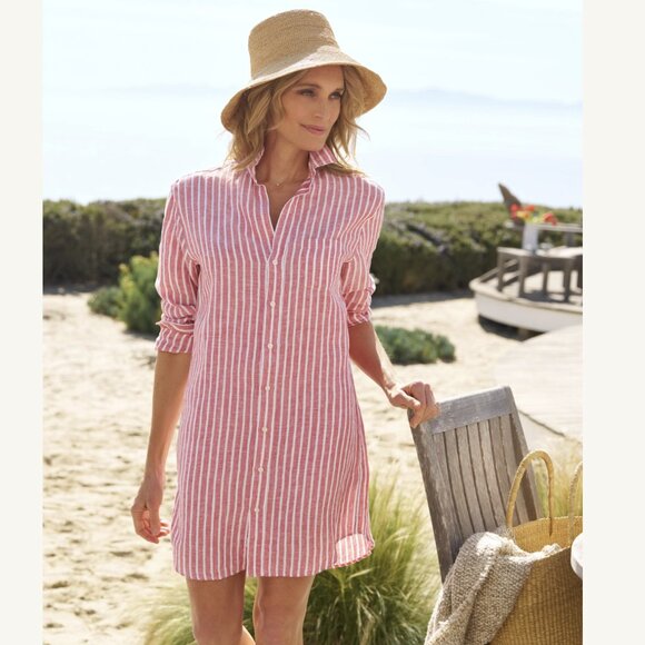 Frank & Eileen - Mary Woven Button Up Linen Dress Size: L Red and White Stripe - Picture 1 of 16